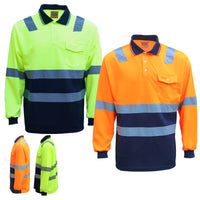 Thumbnail for HI VIS Long Sleeve Workwear Shirt w Reflective Tape Cool Dry Safety Polo 2 Tone, Fluoro Orange / Navy, S