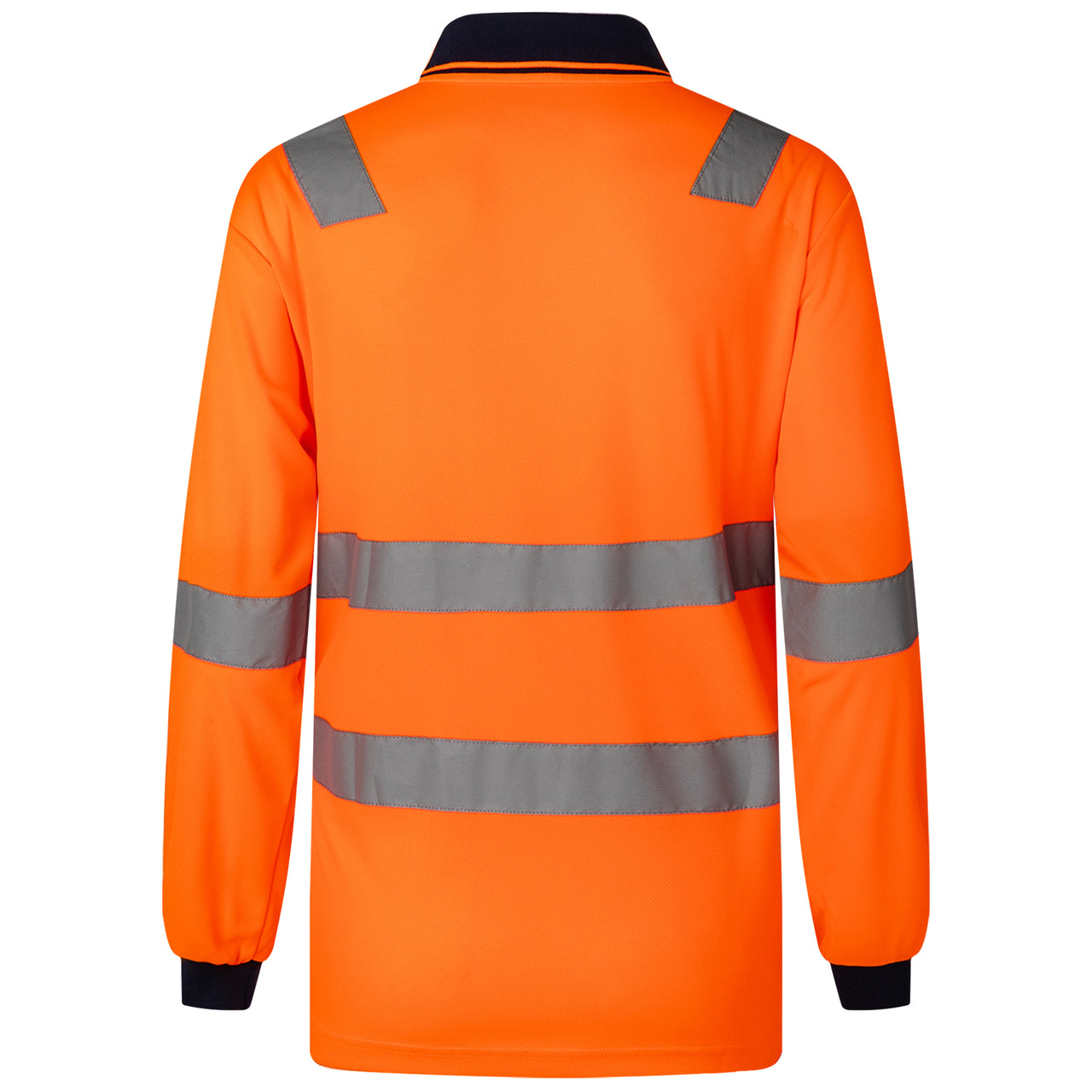 HI VIS Long Sleeve Workwear Shirt w Reflective Tape Cool Dry Safety Polo 2 Tone, Fluoro Orange / Navy, M