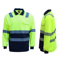 Thumbnail for HI VIS Long Sleeve Workwear Shirt w Reflective Tape Cool Dry Safety Polo 2 Tone, Fluoro Yellow /Navy, XL