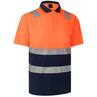 Thumbnail for HI VIS Short Sleeve Workwear Shirt w Reflective Tape Cool Dry Safety Polo 2 Tone, Fluoro Orange / Navy, XS