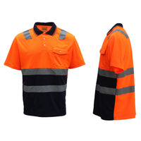 Thumbnail for HI VIS Short Sleeve Workwear Shirt w Reflective Tape Cool Dry Safety Polo 2 Tone, Fluoro Orange / Navy, XS