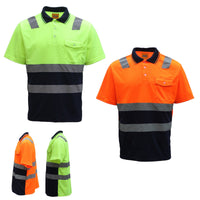 Thumbnail for HI VIS Short Sleeve Workwear Shirt w Reflective Tape Cool Dry Safety Polo 2 Tone, Fluoro Orange / Navy, XS