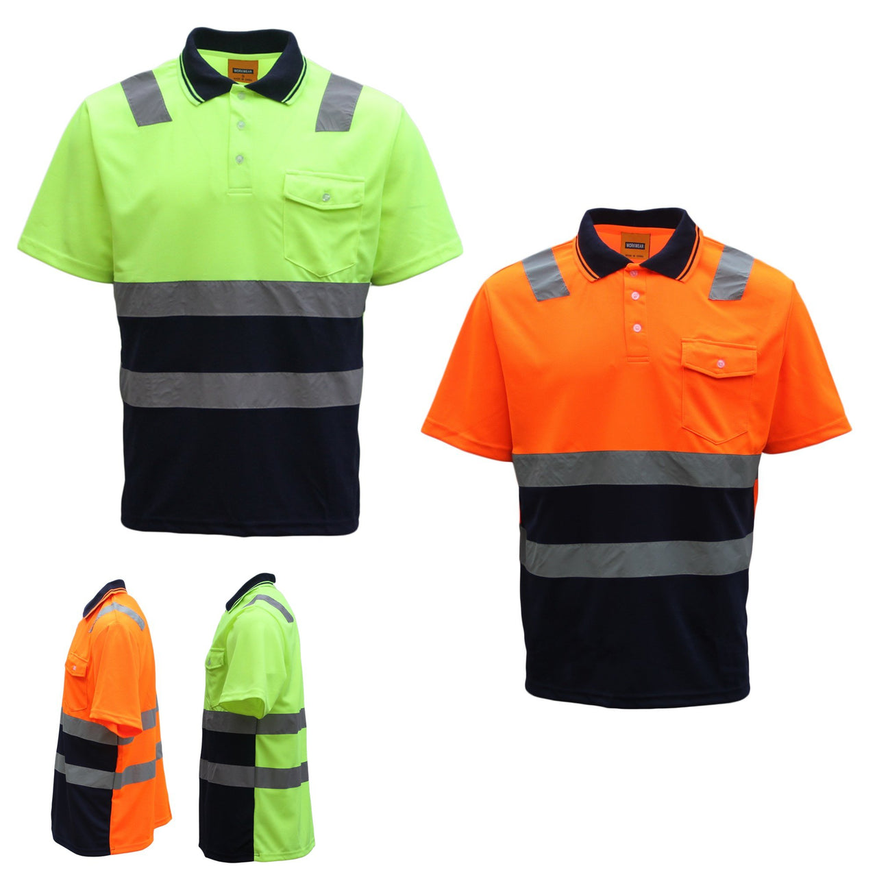 HI VIS Short Sleeve Workwear Shirt w Reflective Tape Cool Dry Safety Polo 2 Tone, Fluoro Orange / Navy, S