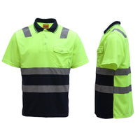 Thumbnail for HI VIS Short Sleeve Workwear Shirt w Reflective Tape Cool Dry Safety Polo 2 Tone, Fluoro Yellow / Navy, S