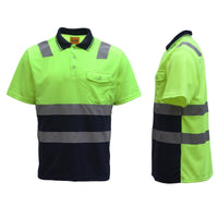 Thumbnail for HI VIS Short Sleeve Workwear Shirt w Reflective Tape Cool Dry Safety Polo 2 Tone, Fluoro Yellow / Navy, 3XL