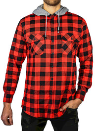 Thumbnail for Mens Cotton Flannelette Shirt w Jersey Hood Long Sleeve Flannel - Red/Black - 3XL