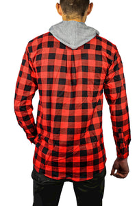 Thumbnail for Mens Cotton Flannelette Shirt w Jersey Hood Long Sleeve Flannel - Red/Black - 3XL