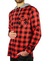 Thumbnail for Mens Cotton Flannelette Shirt w Jersey Hood Long Sleeve Flannel - Red/Black - 3XL