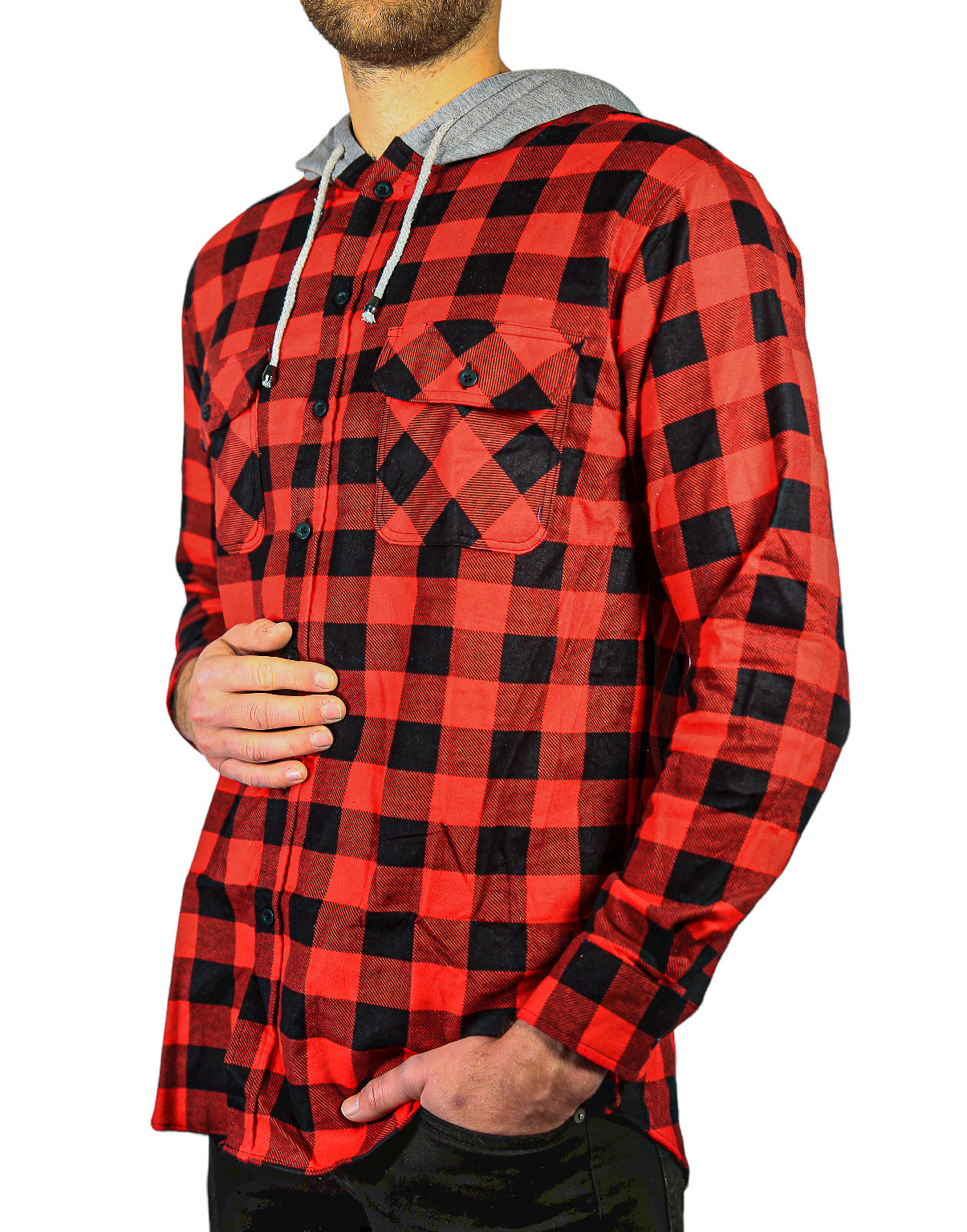 Mens Cotton Flannelette Shirt w Jersey Hood Long Sleeve Flannel - Red/Black - M