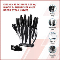 Thumbnail for Kitchen 17 Pc Knife Set w/ Block & Sharpener Chef Bread Steak Knives