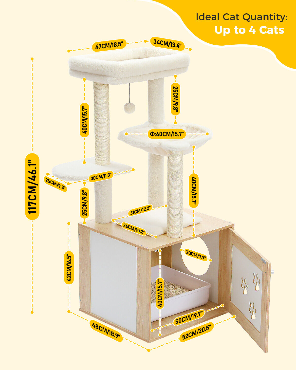 Wooden Cat Tree Tower With Litter Box Enclosure - Beige-4