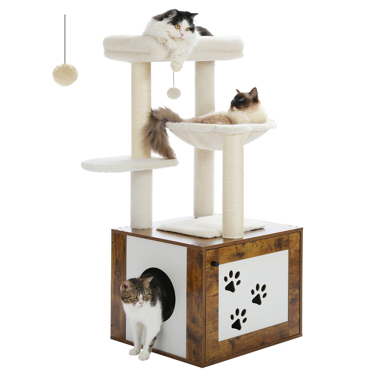 Wooden Cat Tree Tower With Litter Box Enclosure - Brown-0