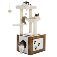 Thumbnail for Wooden Cat Tree Tower With Litter Box Enclosure - Brown-0