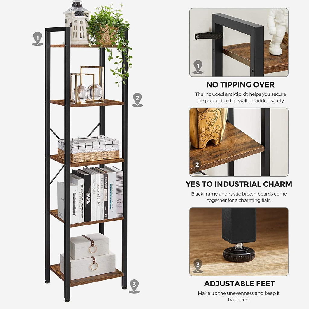 VASAGLE 5 Tier Bookshelf Rustic Brown and Black