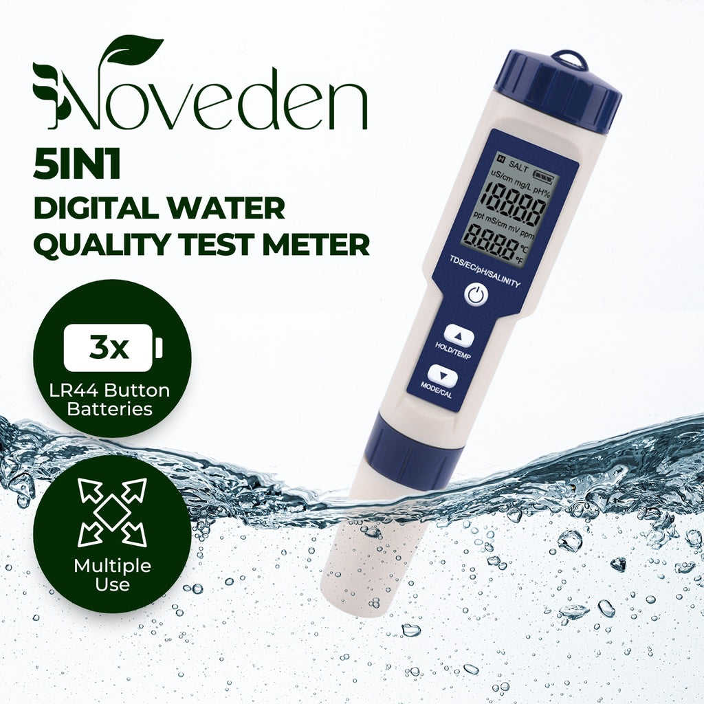 NOVEDEN 5 in 1 Digital Water Quality Test Meter TDS Salinity pH Tester White Blue