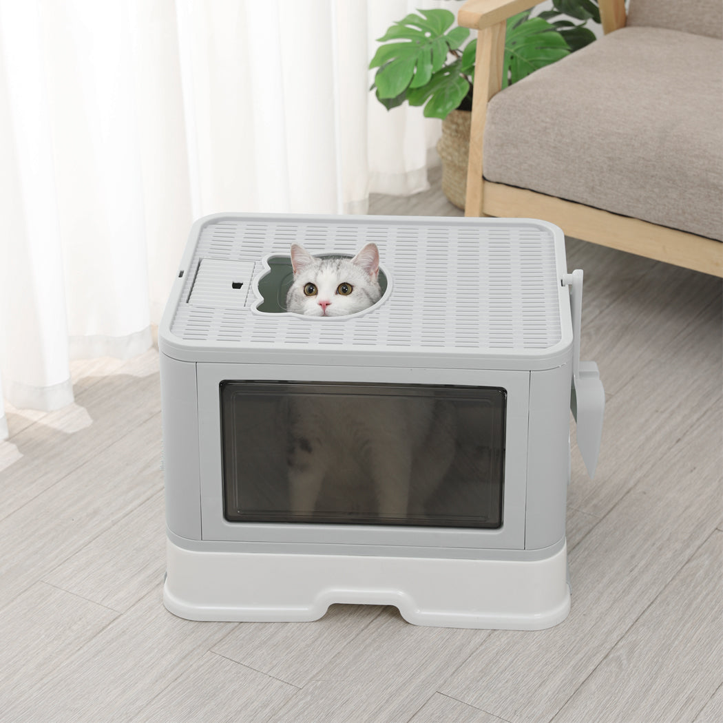 Grooming Foldable Enclosed Cat Litter Box in Grey-7