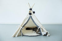 Thumbnail for Natural Canvas Cotton Pom Pom Pet Teepee in Cream & Grey-0