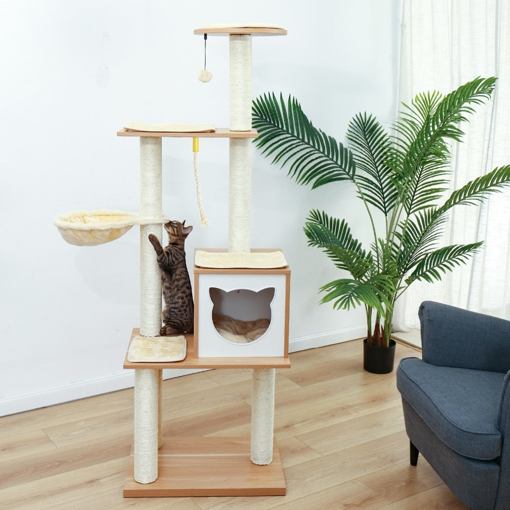 Wooden Large Hammock Cat Tree in Beige-4