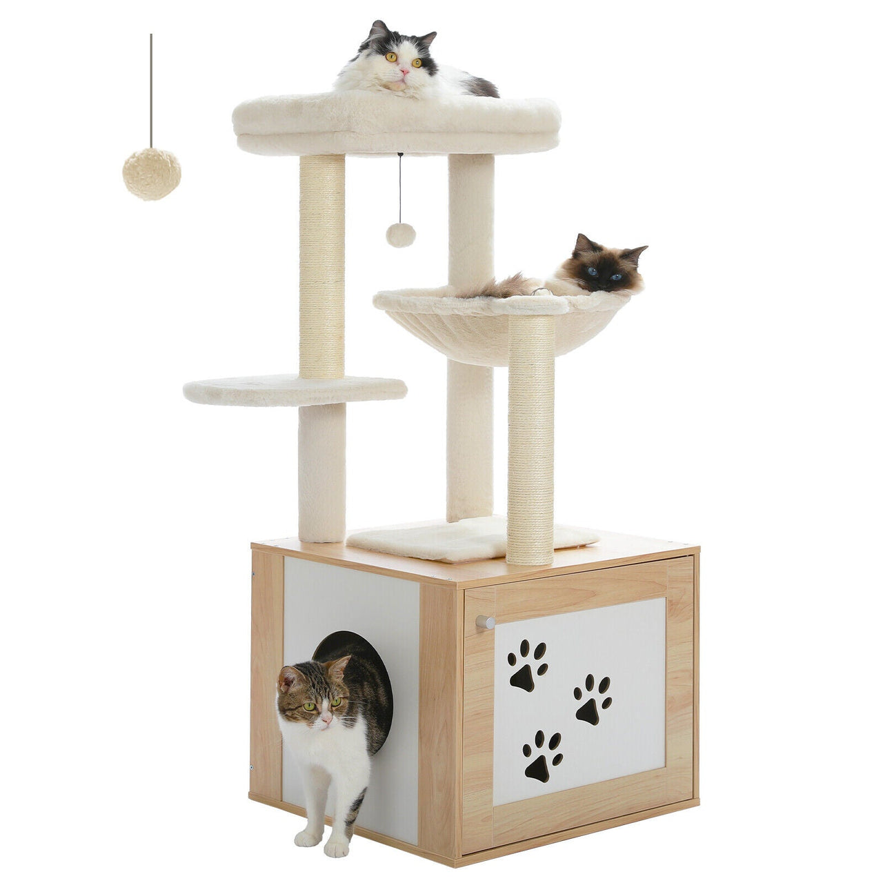 Wooden Cat Tree Tower With Litter Box Enclosure - Beige-0