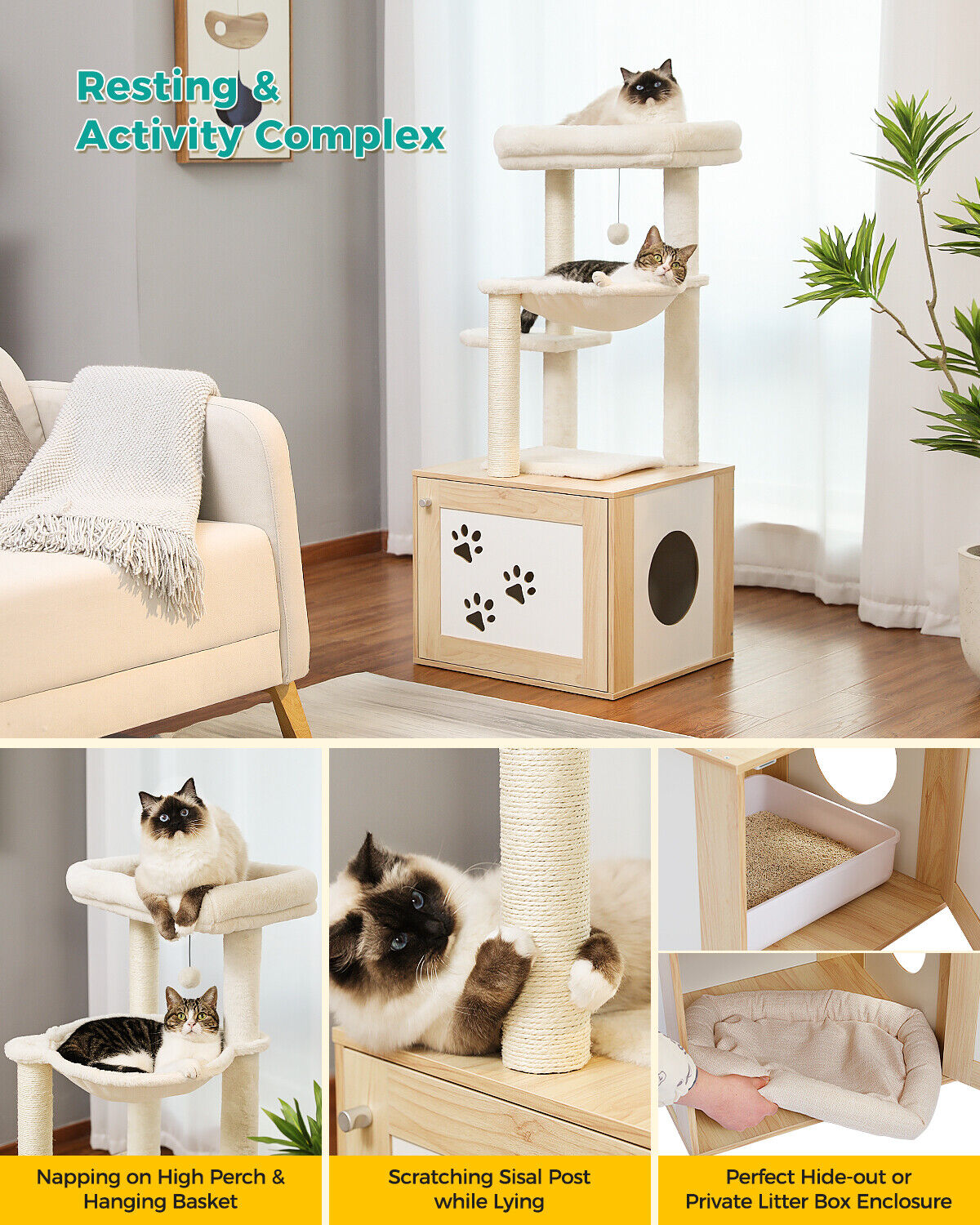 Wooden Cat Tree Tower With Litter Box Enclosure - Beige-3