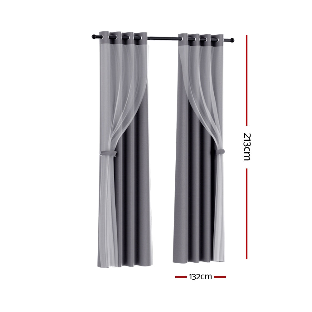 Artiss 2X 132x213cm Blockout Sheer Curtains Charcoal