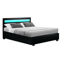 Thumbnail for Artiss Cole LED Bed Frame PU Leather Gas Lift Storage - Black Double