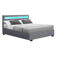 Thumbnail for Artiss Bed Frame Double Size Gas Lift RGB LED Bedbase Grey Cole