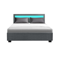 Thumbnail for Artiss Bed Frame Double Size Gas Lift RGB LED Bedbase Grey Cole