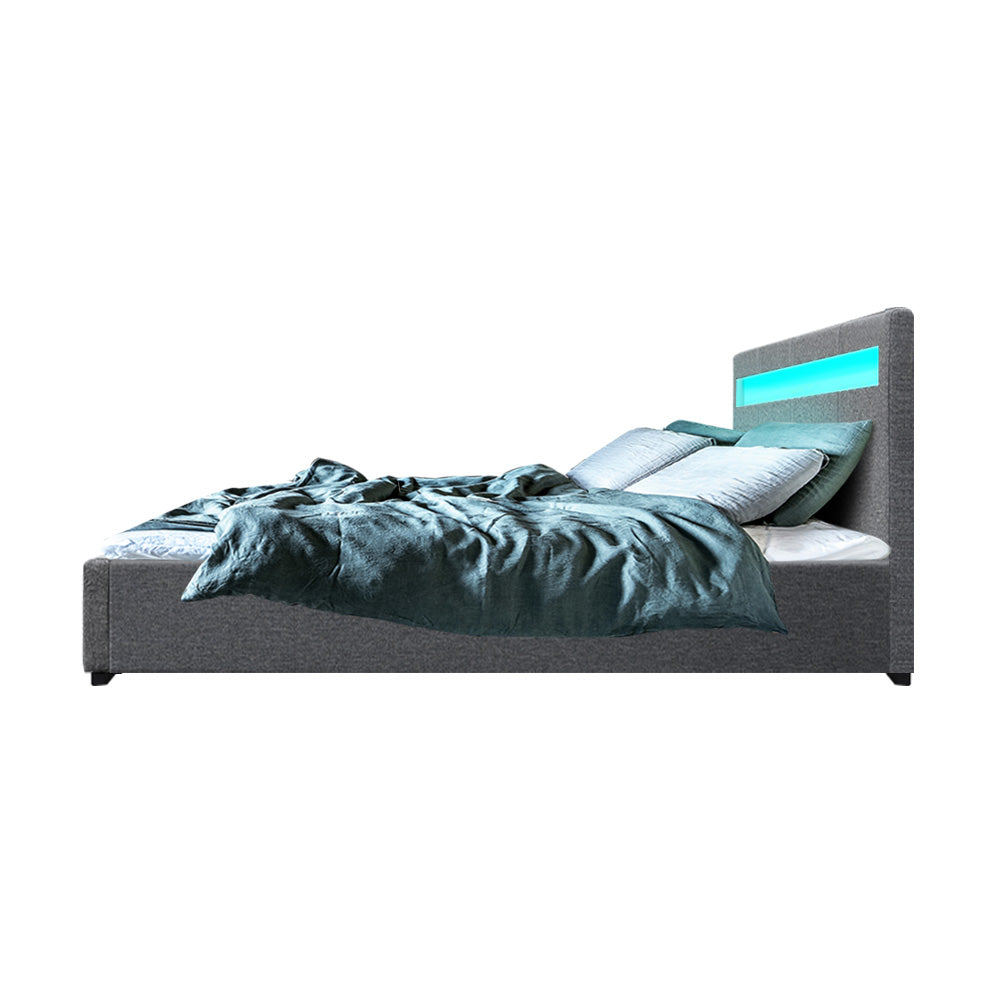 Artiss Bed Frame Double Size Gas Lift RGB LED Bedbase Grey Cole