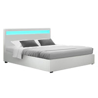 Thumbnail for Artiss Bed Frame Double Size Gas Lift RGB LED White Cole