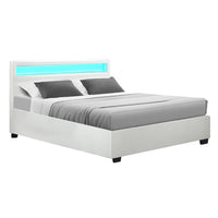 Thumbnail for Artiss Cole LED Bed Frame PU Leather Gas Lift Storage - White Queen