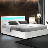 Thumbnail for Artiss Cole LED Bed Frame PU Leather Gas Lift Storage - White Queen