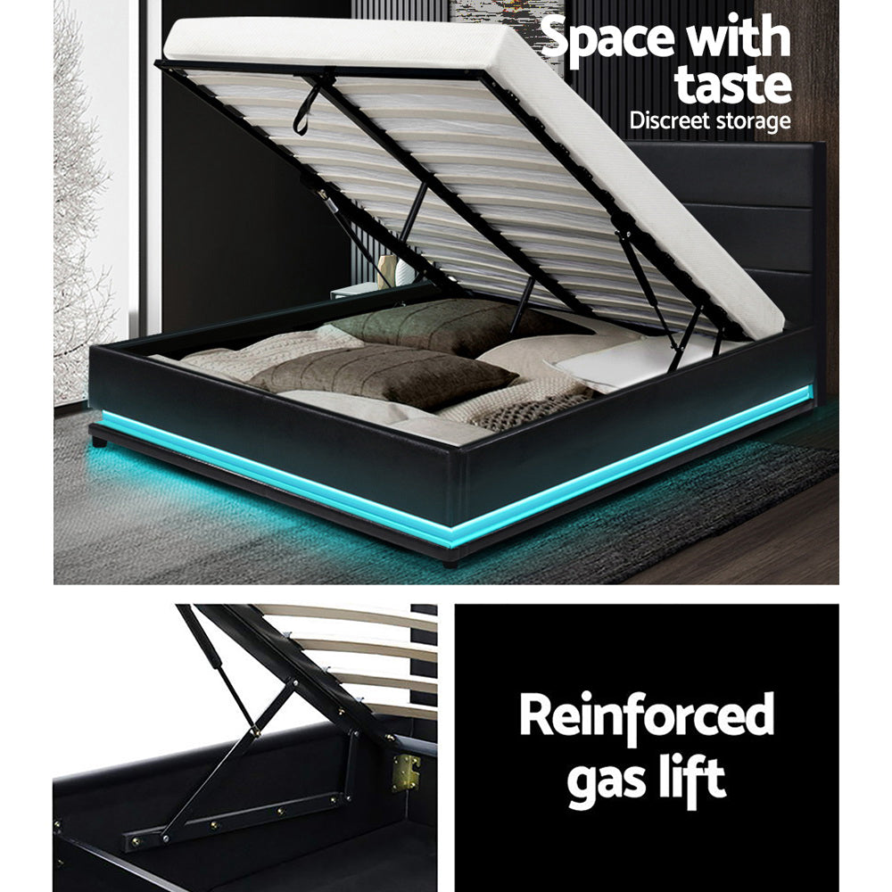 Artiss Lumi LED Bed Frame PU Leather Gas Lift Storage - Black Double