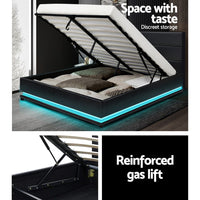 Thumbnail for Artiss Lumi LED Bed Frame PU Leather Gas Lift Storage - Black Double