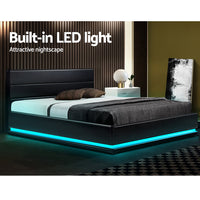 Thumbnail for Artiss Lumi LED Bed Frame PU Leather Gas Lift Storage - Black Double