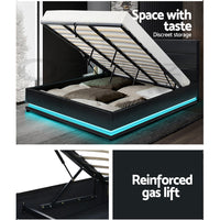 Thumbnail for Artiss Lumi LED Bed Frame PU Leather Gas Lift Storage - Black King