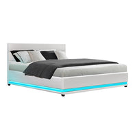 Thumbnail for Artiss Lumi LED Bed Frame PU Leather Gas Lift Storage - White Queen