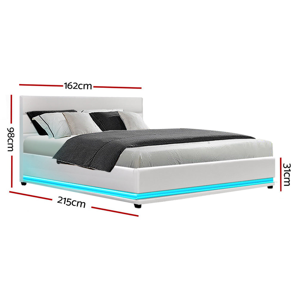 Artiss Lumi LED Bed Frame PU Leather Gas Lift Storage - White Queen