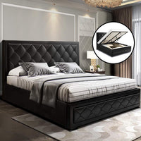 Thumbnail for Artiss Bed Frame Double Size Gas Lift Base With Storage Black Leather Tiyo Collection