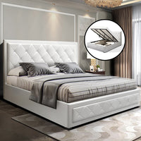 Thumbnail for Artiss Bed Frame King Size Gas Lift Base With Storage White Leather Tiyo Collection