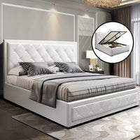 Thumbnail for Artiss Tiyo Bed Frame PU Leather Gas Lift Storage - White Queen