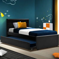 Thumbnail for Artiss Trundle Bed Frame King Single Size Black Leather