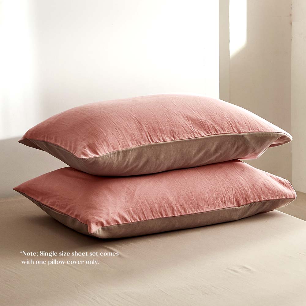 Cosy Club Washed Cotton Sheet Set Pink Brown Single