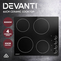 Thumbnail for Devanti Ceramic Cooktop 60cm Electric Kitchen Burner Cooker 4 Zone Knobs Control