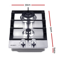 Thumbnail for Devanti Gas Cooktop 30cm Gas Stove Cooker 2 Burner Cook Top Konbs NG LPG Steel