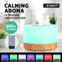 Thumbnail for DEVANTI Aroma Diffuser Aromatherapy LED Night Light Air Humidifier Purifier Round Light Wood Grain 500ml Remote Control