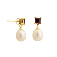 Thumbnail for 5 MM Red Garnet Square Stone & 9 - 9.5 MM Freshwater Pearl Bordeaux Drop Earrings in 24 CT Gold Plated Silver 925 Setting-0