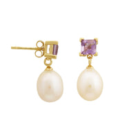 Thumbnail for 5 MM Amethyst Stone & 9 - 9.5 MM Freshwater Pearl Bordeaux Earrings in 24 CT Gold Plated Silver 925 Setting-0