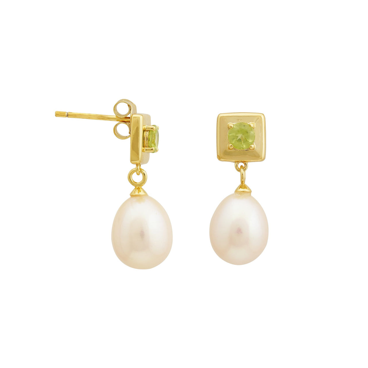 4 MM Peridot Stone & 9 - 9.5 MM Freshwater Pearl Vienna Earrings in 24 CT Gold Plated Silver 925 Setting-0