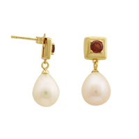 Thumbnail for 4 MM Red Garnet Stone & 9 - 9.5 MM Freshwater Pearl Vienna Earrings in 24 CT Gold Plated Silver 925 Setting-0